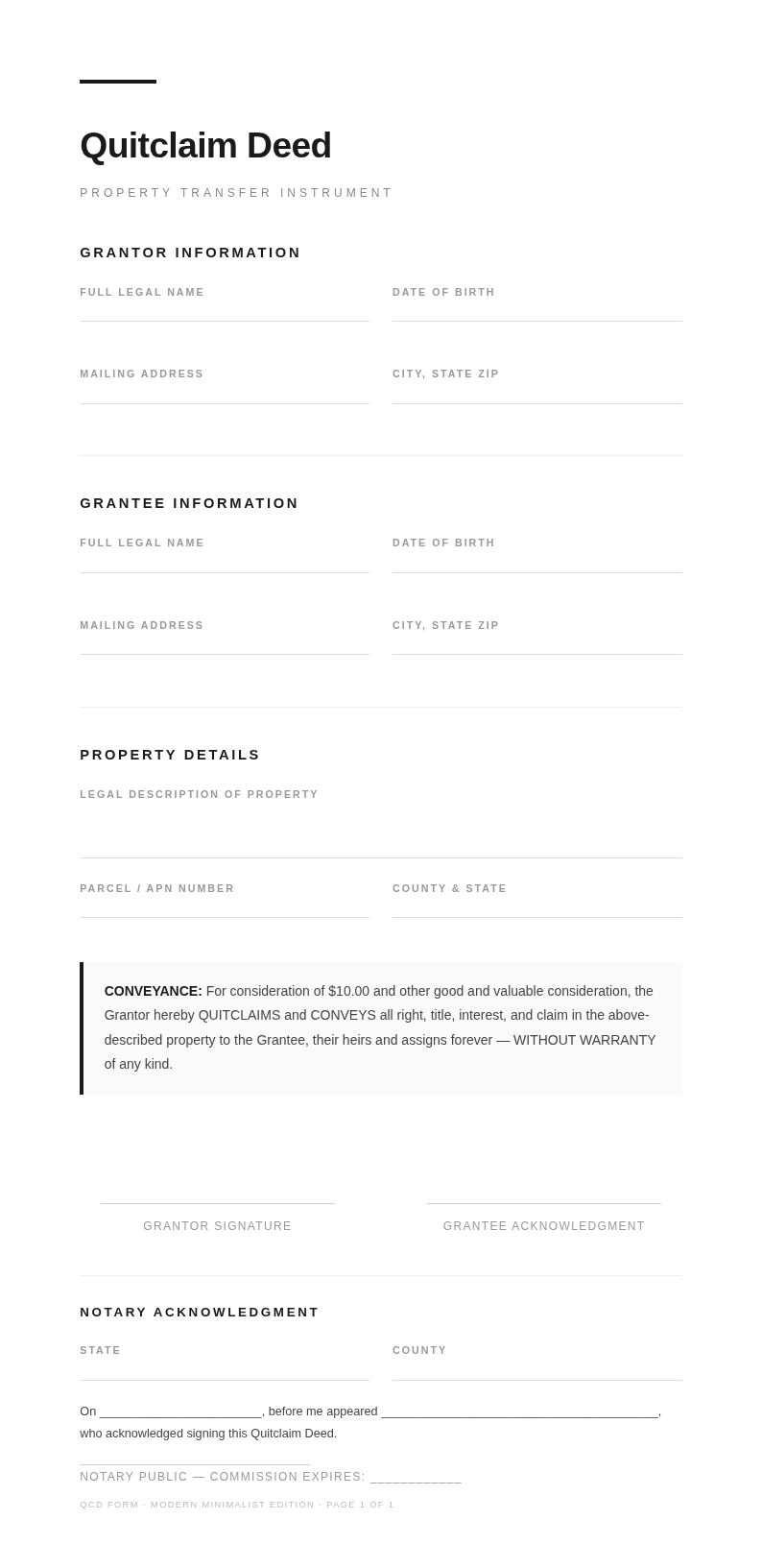 Modern minimalist quitclaim deed